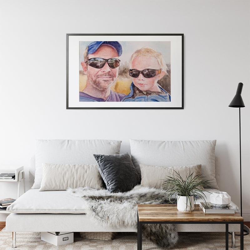 Hand-panted human watercolor portrait, Father and Son custom portrait