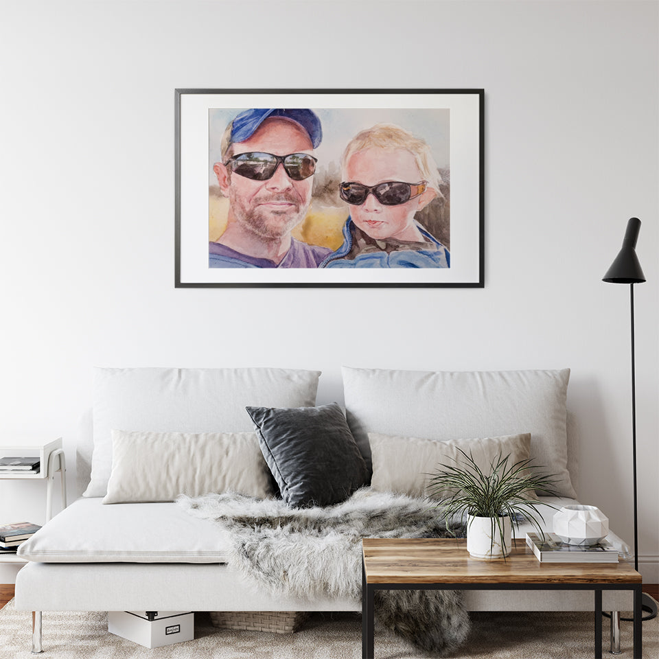 Hand-panted human watercolor portrait, Father and Son custom portrait