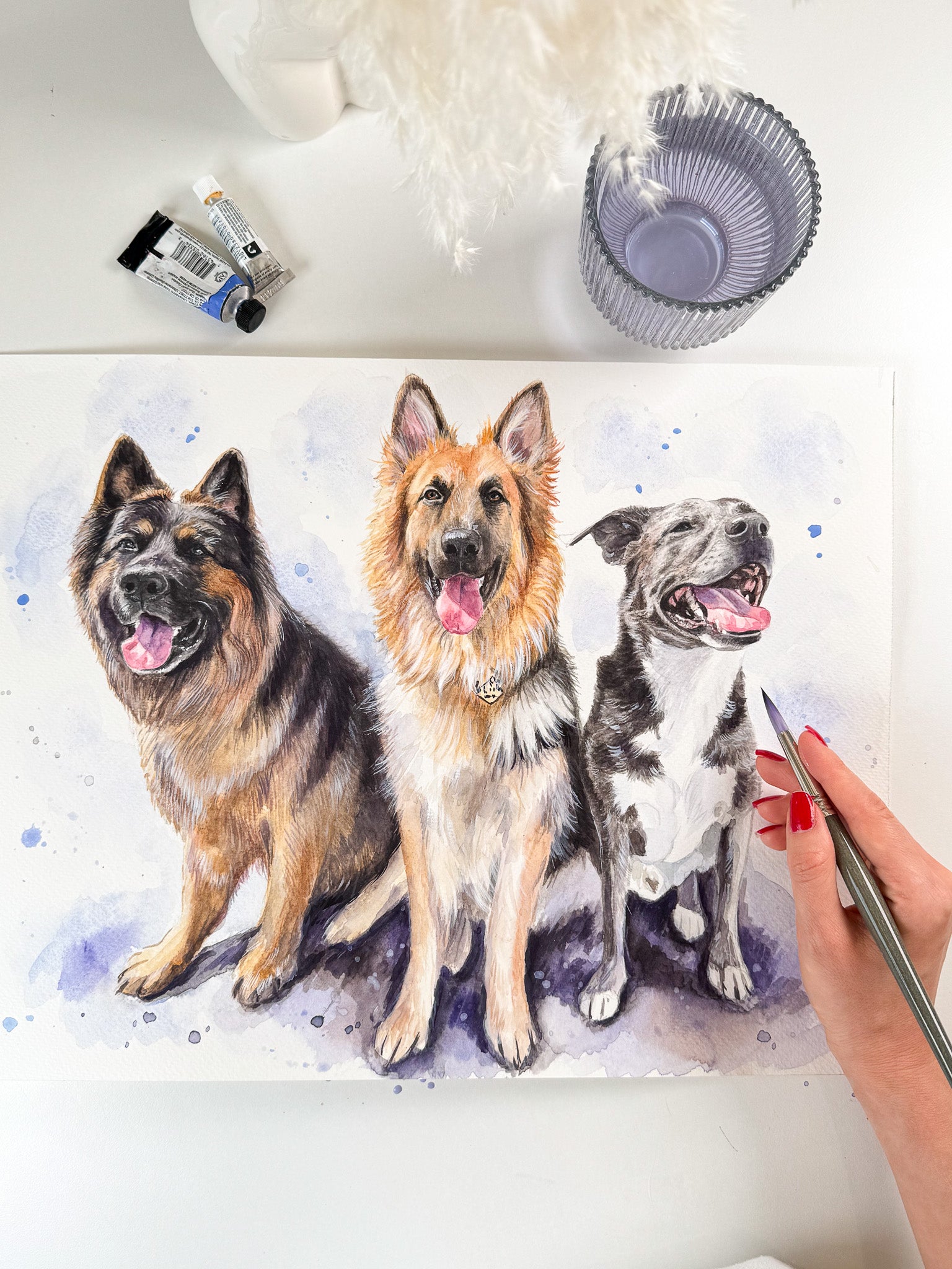 Custom three dog watercolor portrait