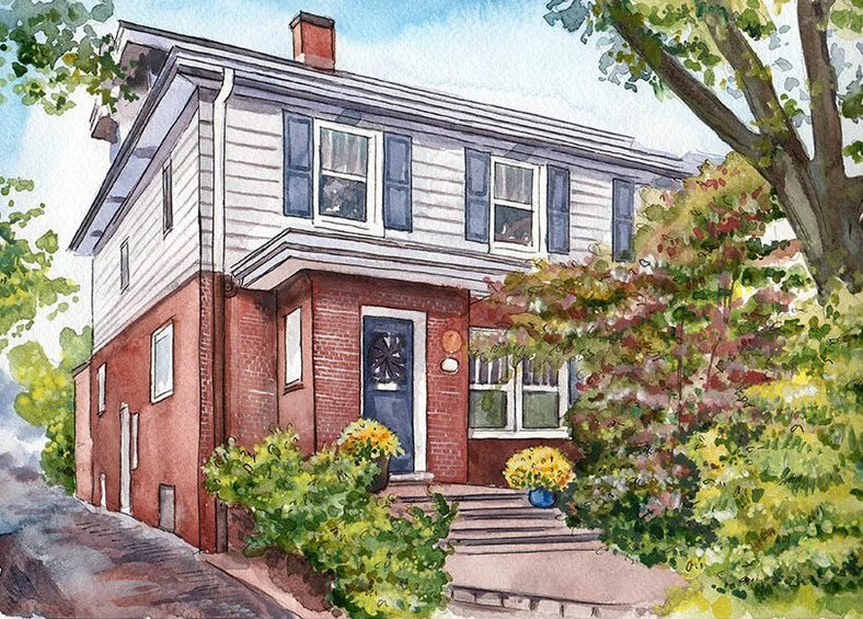 hand-painted house portrait in watercolor