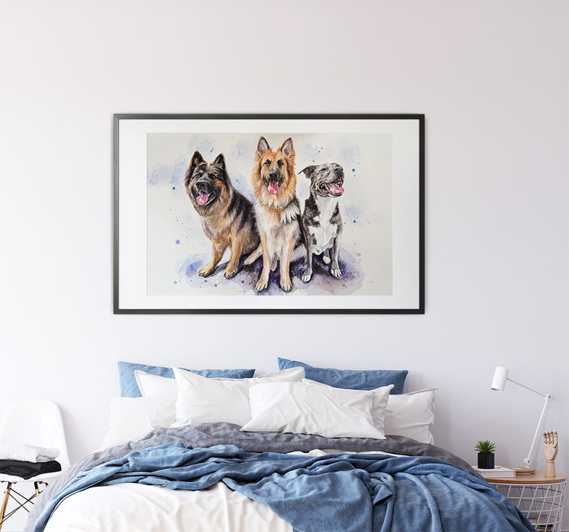 Custom triple watercolor dog portrait hand-painted