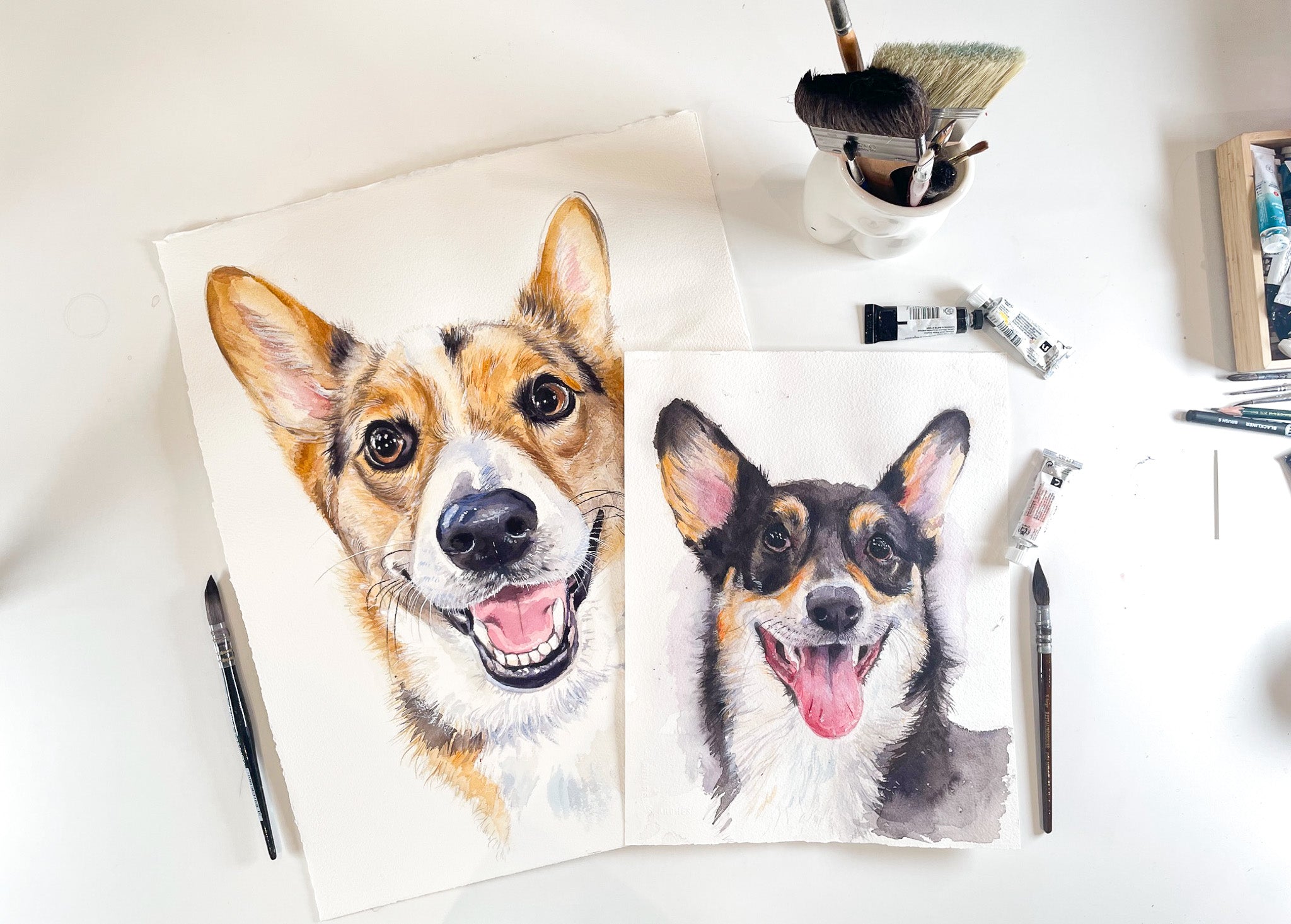 Large Handmade custom dog portrait and mini portrait