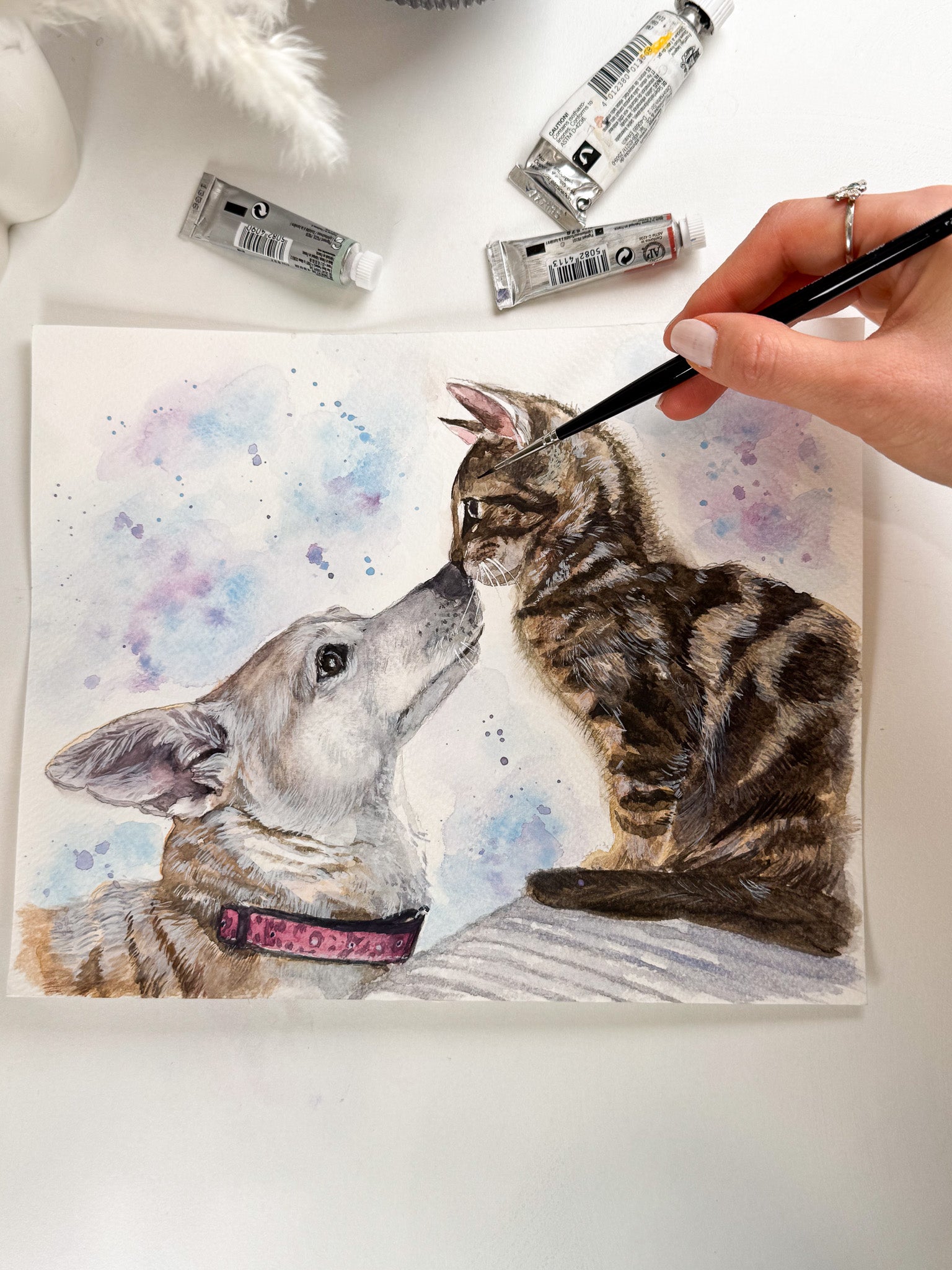 Dog and cat watercolor portrait, hand-painted illustration