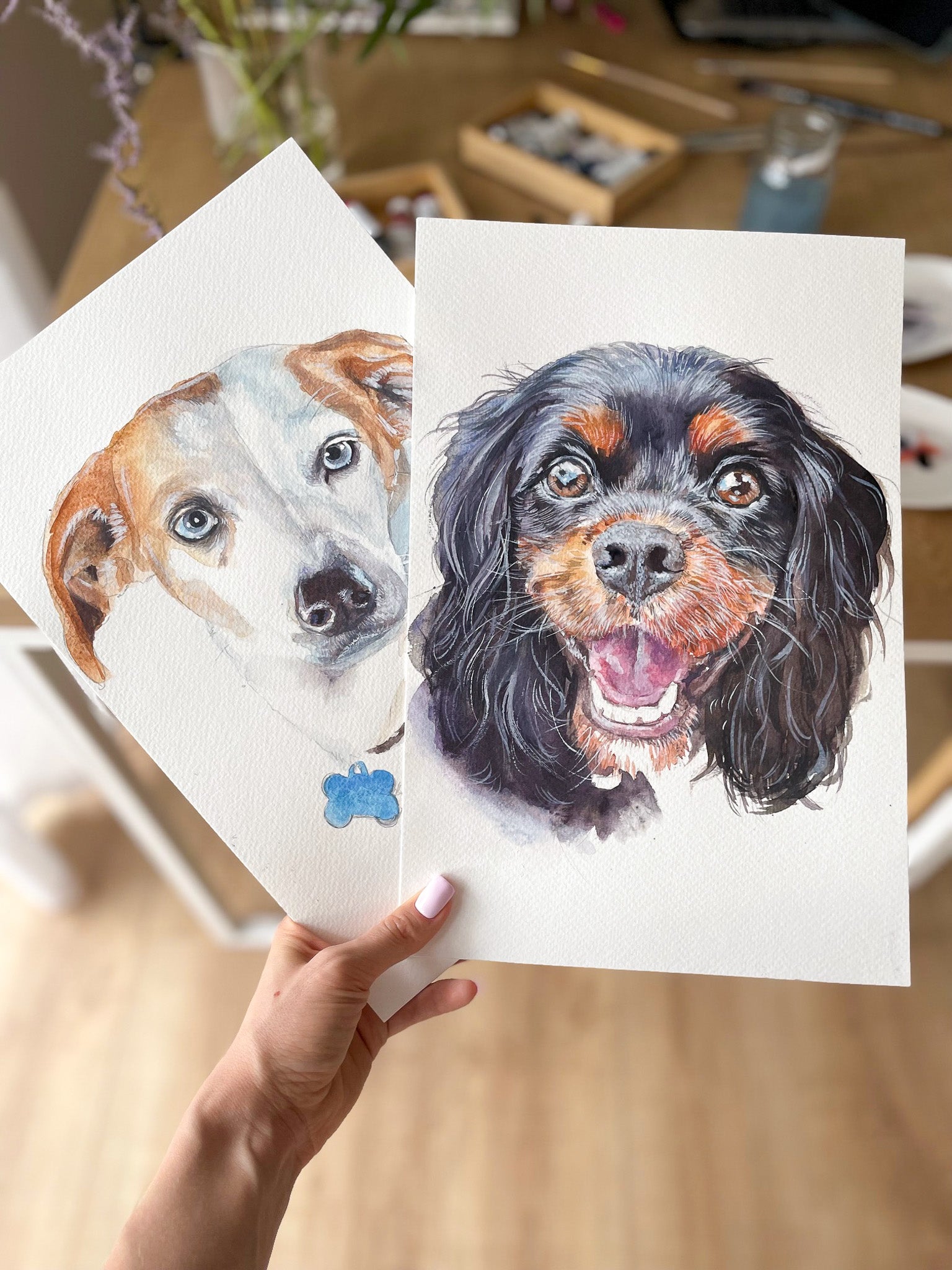 Hand-painted Cavalier King Charles Spaniel dog portrait in watercolor, commission dog portrait