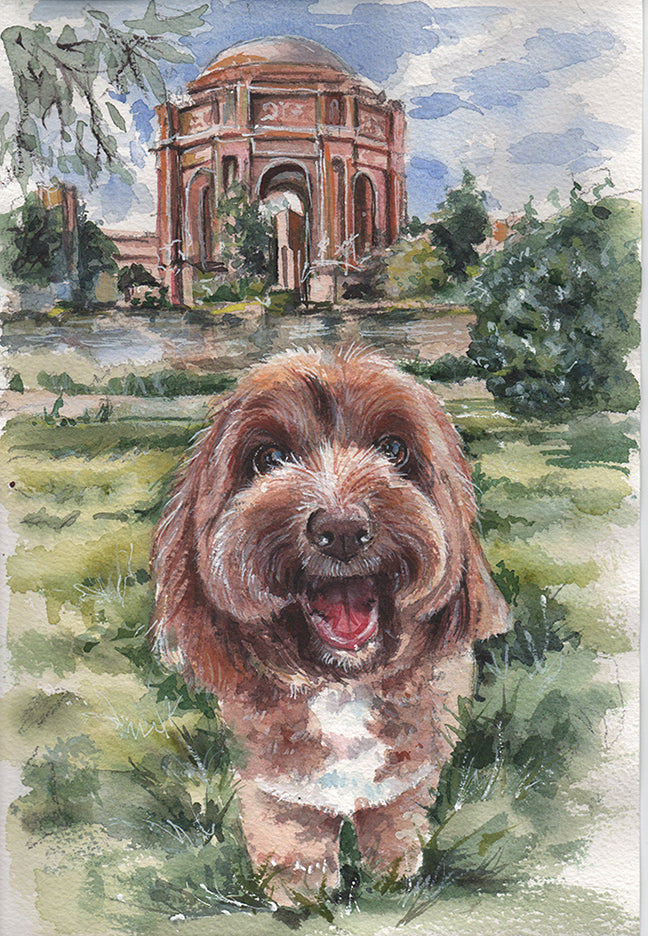 hand-painted watercolor dog portrait with background palace landscape