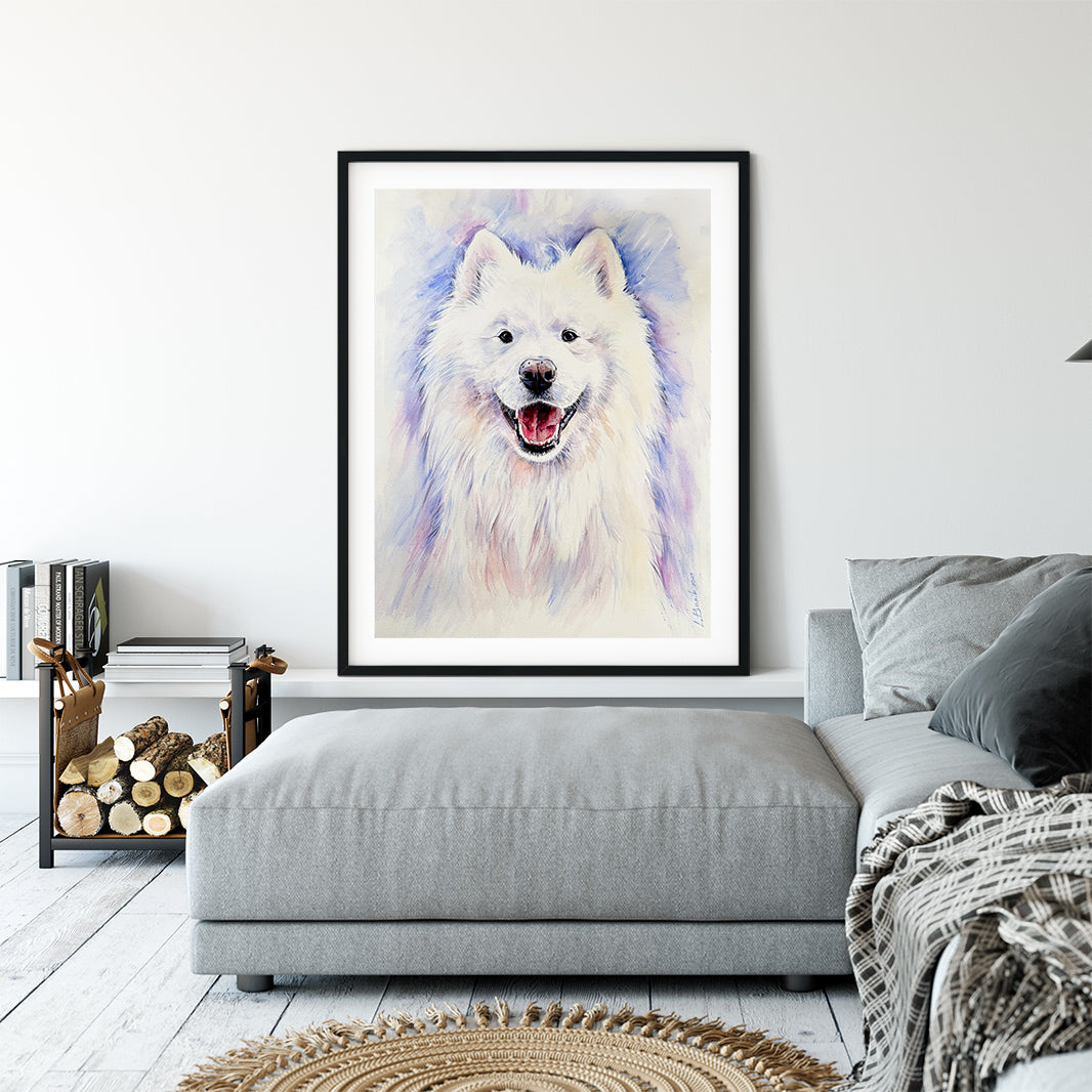 Custom watercolor portrait of a Samoyed dog