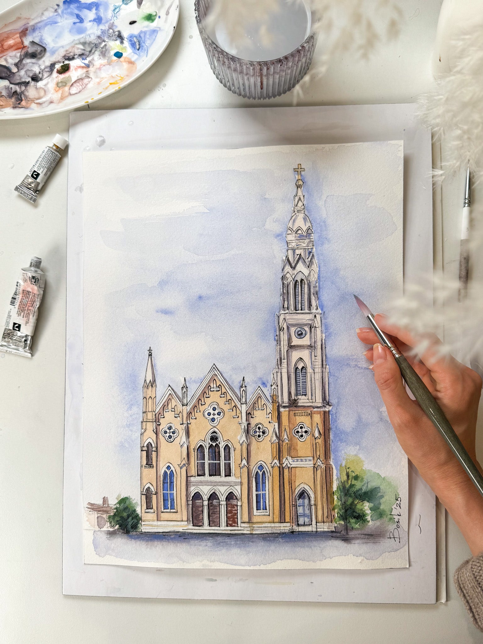 hand-painted wedding venue portrait