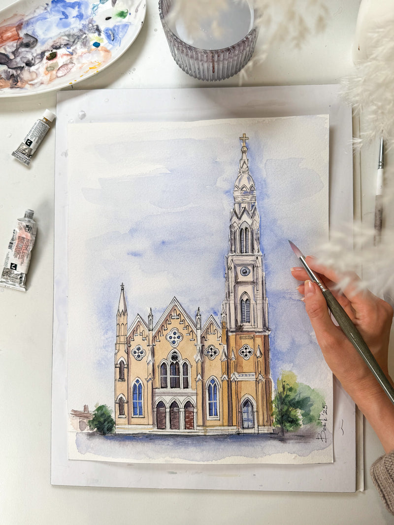 hand-painted wedding venue portrait
