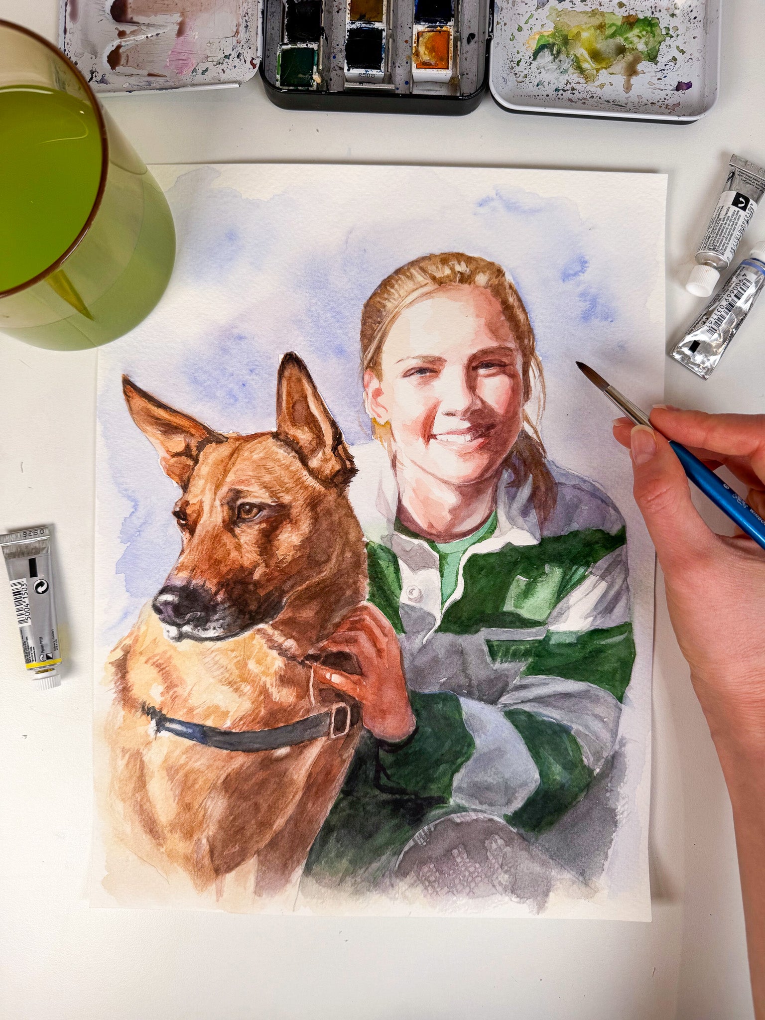 Custom watercolor portrait of girl with German Shepherd dog, hand-painted artwork