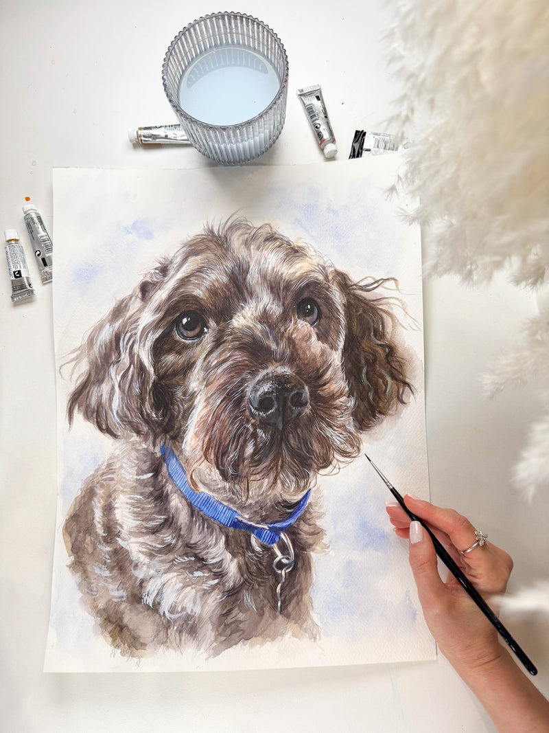 Curly dog watercolor portrait, custom pet portrait, Labradoodle mix portrait commission