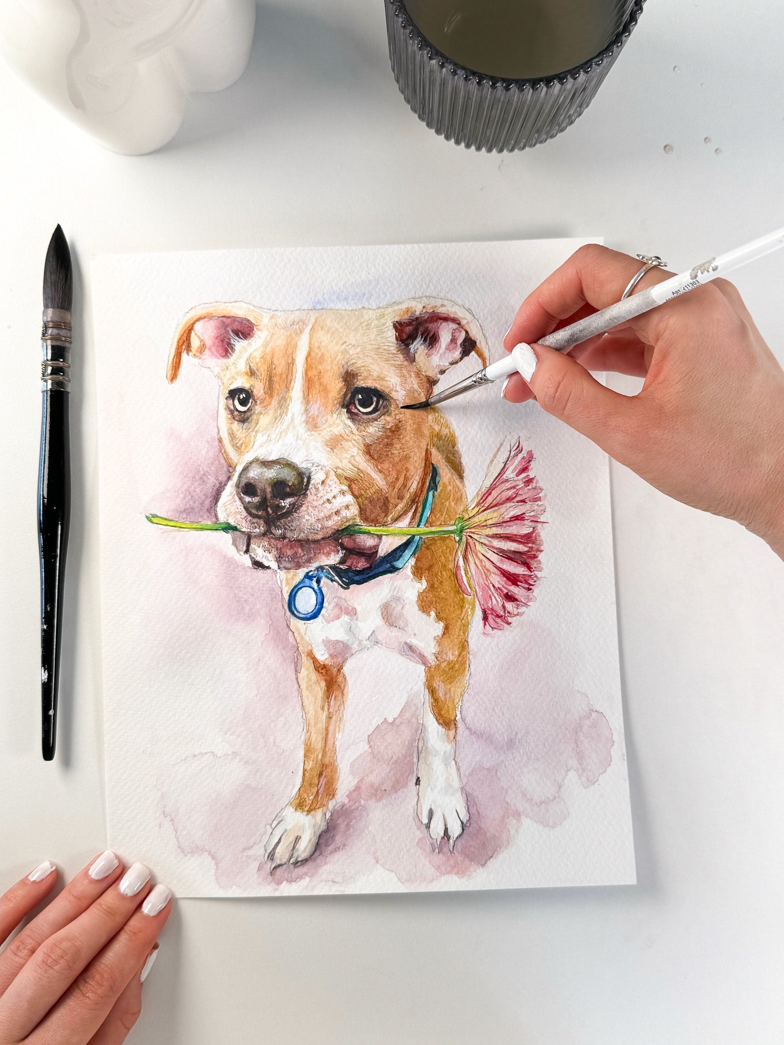 Hand-painted Staffordshire Bull Terrier dog portrait in watercolor